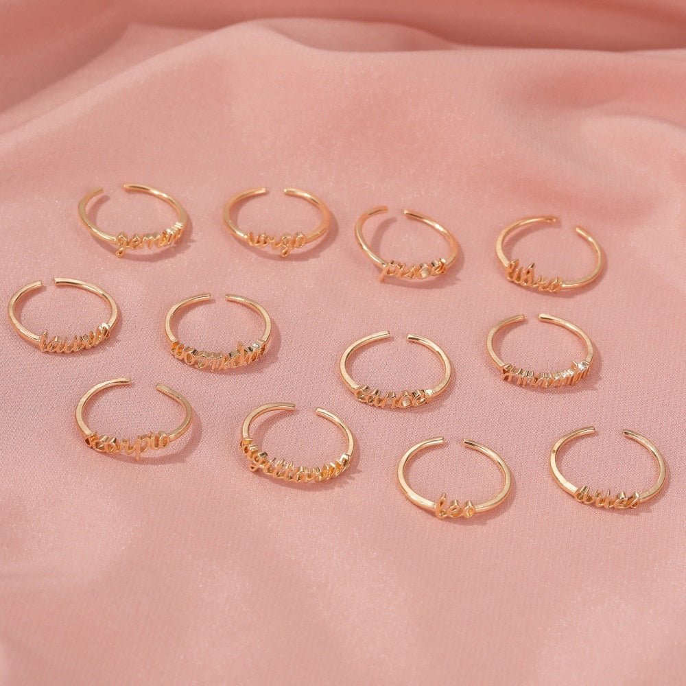 Minimalist thin Open Gold 12 Star Signs Finger Rings Birthday Friendship Jewelry Gift  Personality Custom Zodiac Rings For Women