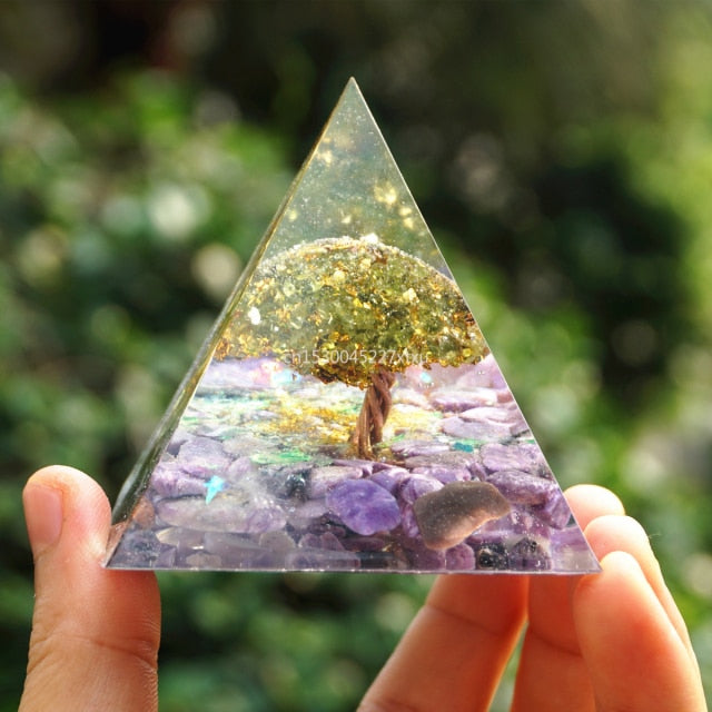 Lovely Tree of Life Orgonite Pyramid Amethyst Peridot Chakra Healing Crystal ☯☮☪