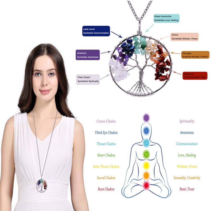 7 Chakra Tree Of Life Pendant Necklace Copper Crystal Natural Stone Necklace Quartz Stones Pendants